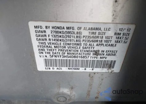 2013 Honda Pilot Ex-L z USA, uszkodzony, nr VIN 5FNYF3H54DB016857
